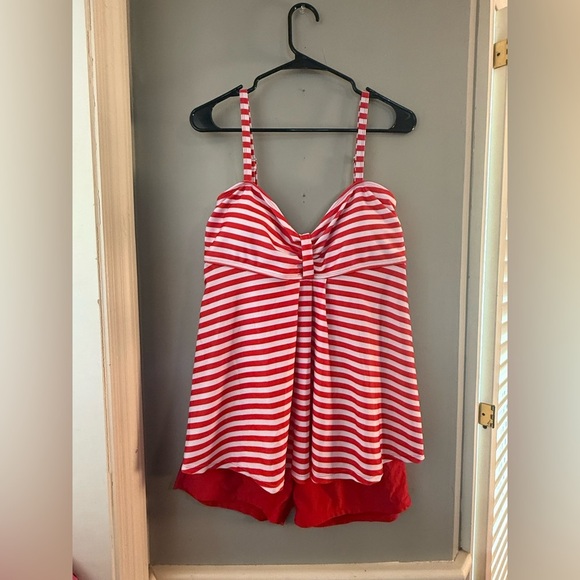 Red and White Striped Swim 2 Piece with Ruched Detail - Picture 1 of 14